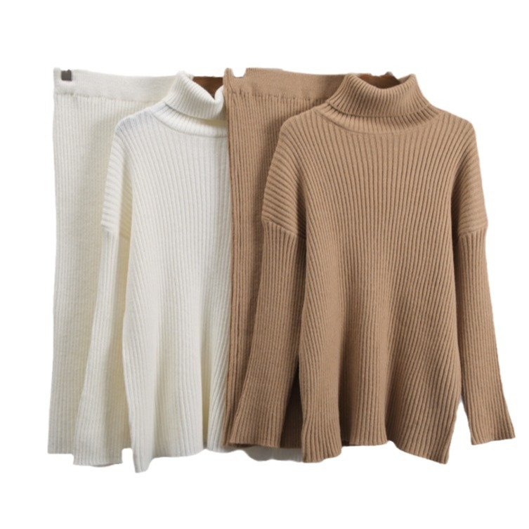 Двупартиен костюм с пола и пуловер с висока яка, midi едноцветна пола, кашмир-акрил смес, японско/корейски свободен стил