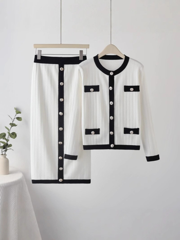 Dvodijelni pleteni set: pulover s kružnim izrezom i 3D uzorkom, rukav u obliku latice, midi suknja od viskoze