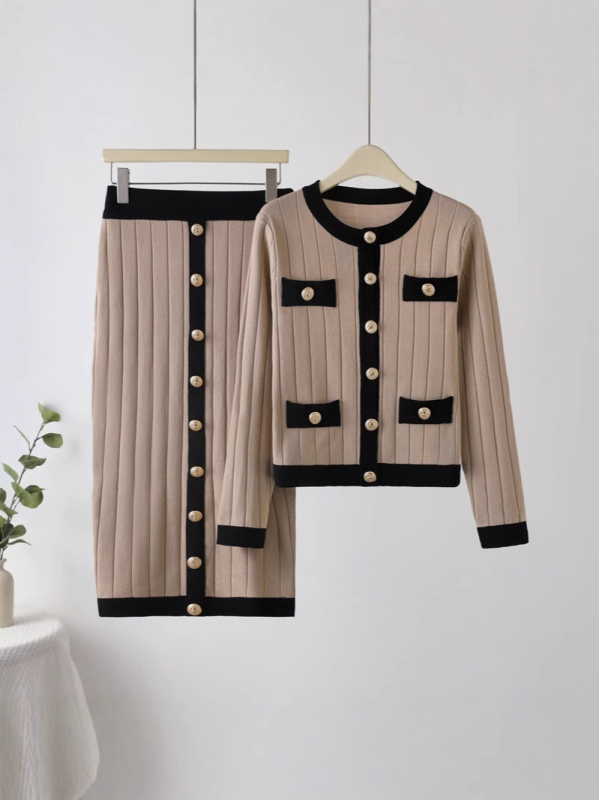 Dvodijelni pleteni set: pulover s kružnim izrezom i 3D uzorkom, rukav u obliku latice, midi suknja od viskoze