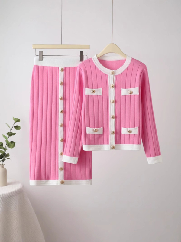 Dvodijelni pleteni set: pulover s kružnim izrezom i 3D uzorkom, rukav u obliku latice, midi suknja od viskoze