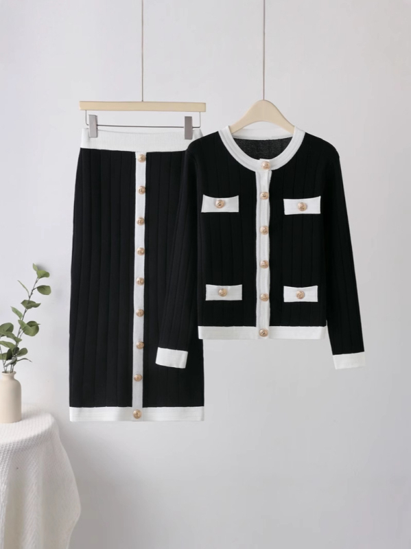 Dvodijelni pleteni set: pulover s kružnim izrezom i 3D uzorkom, rukav u obliku latice, midi suknja od viskoze