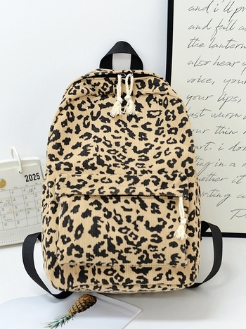 Унисекс раница с леопардов принт, Corduroy материал, 20–35L капацитет, подходяща за 12-инчов лаптоп, извита презрамка