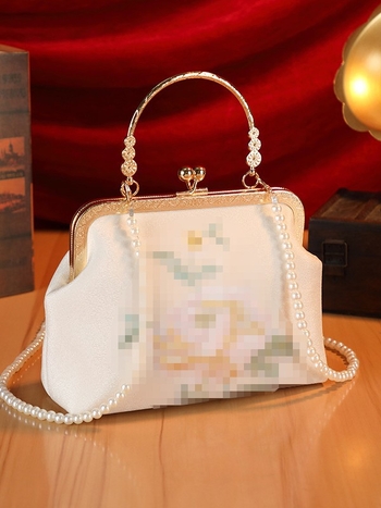 Вечерна чанта с флорална бродерия и синджирна дръжка, полиестерно тяло и подплата, малък квадратен силует, отваряне със щипка, стил: традиционен национален дизайн