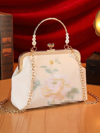 Вечерна чанта с флорална бродерия и синджирна дръжка, полиестерно тяло и подплата, малък квадратен силует, отваряне със щипка, стил: традиционен национален дизайн