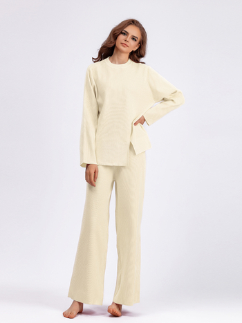 Γυναικείο πλεκτό σετ δύο τεμαχίων: τοπ με μακριά μανίκια και φαρδιά παντελόνια, μονόχρωμο, core-spun νήμα, μίγμα βισκόζης-ακρυλικού, αστικός στυλ