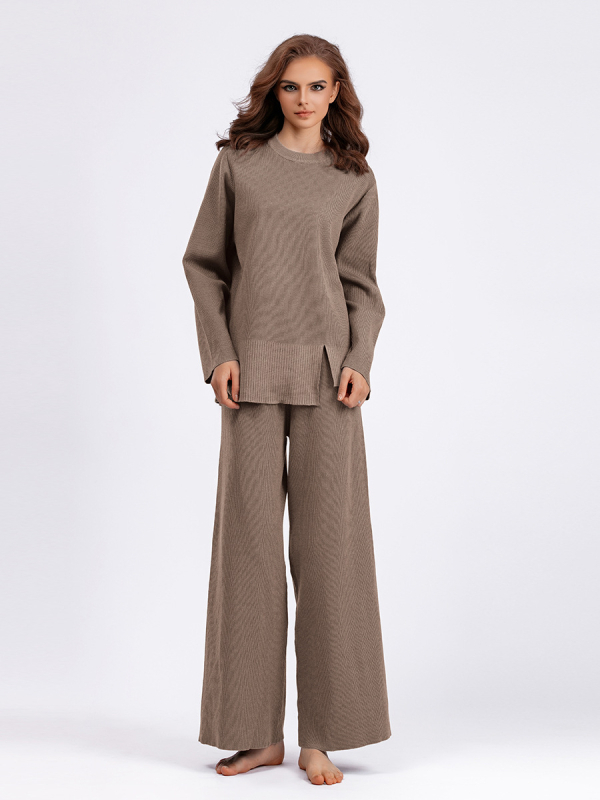 Ženski dvodijelni pleteni set: top s dugim rukavima i široke hlače, jednobojni, core-spun vlakno, viskozno-akrilna smjesa, gradski stil