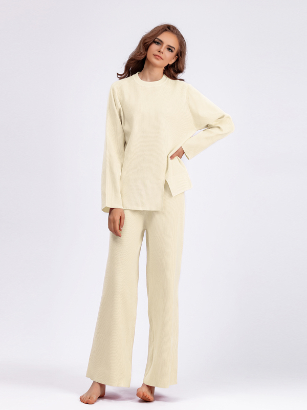 Ženski dvodijelni pleteni set: top s dugim rukavima i široke hlače, jednobojni, core-spun vlakno, viskozno-akrilna smjesa, gradski stil