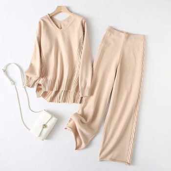 Dva komada pleteni set: gornji dio s dugim rukavima i širokim hlačama, poliester-spandeks pletivo, proljeće 2024, za žene