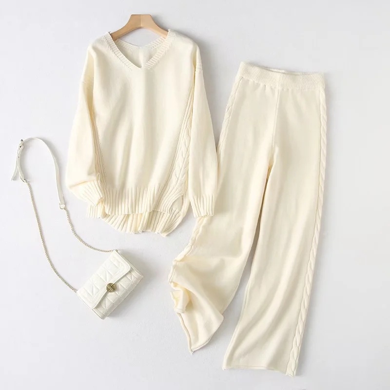 Dva komada pleteni set: gornji dio s dugim rukavima i širokim hlačama, poliester-spandeks pletivo, proljeće 2024, za žene
