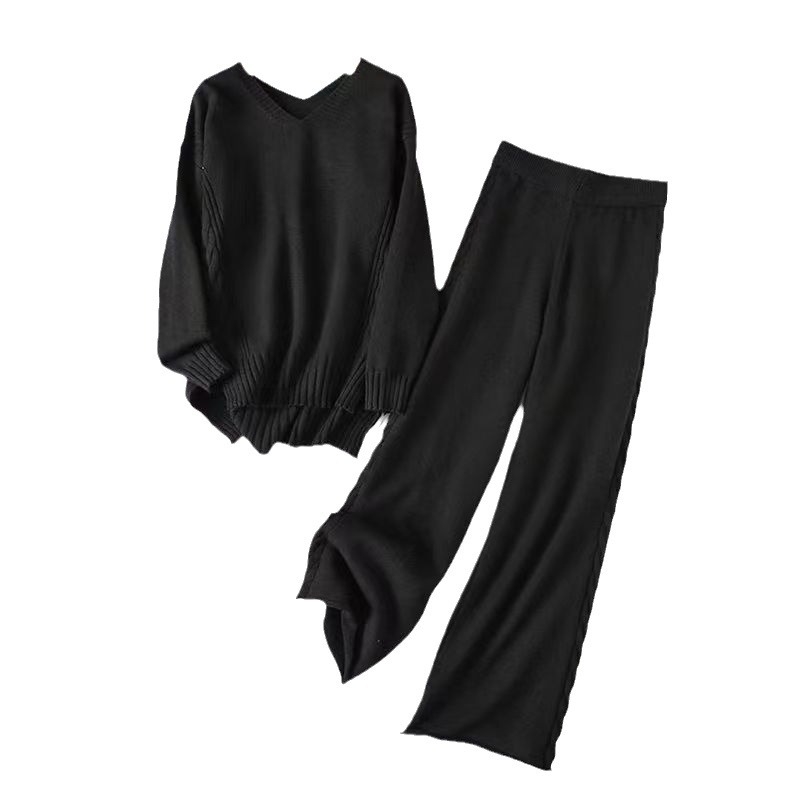 Dva komada pleteni set: gornji dio s dugim rukavima i širokim hlačama, poliester-spandeks pletivo, proljeće 2024, za žene