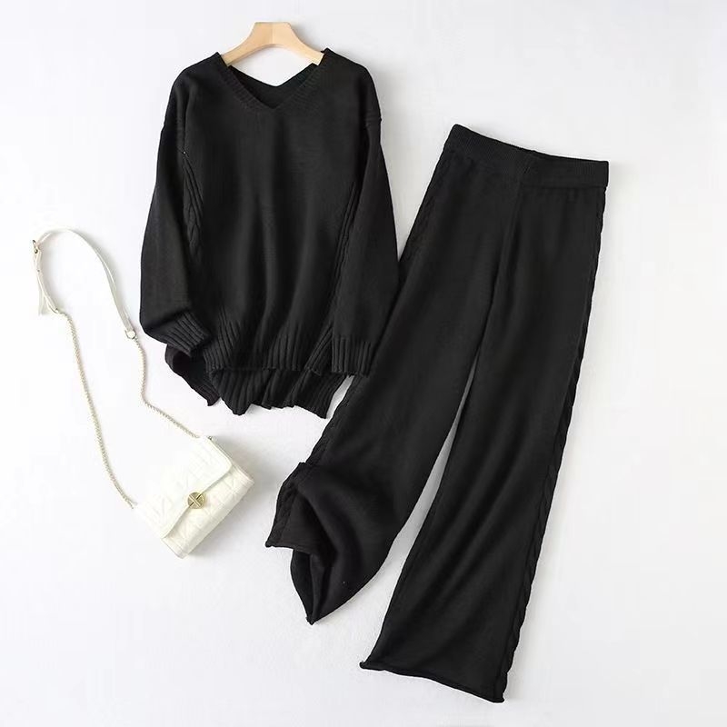 Dva komada pleteni set: gornji dio s dugim rukavima i širokim hlačama, poliester-spandeks pletivo, proljeće 2024, za žene