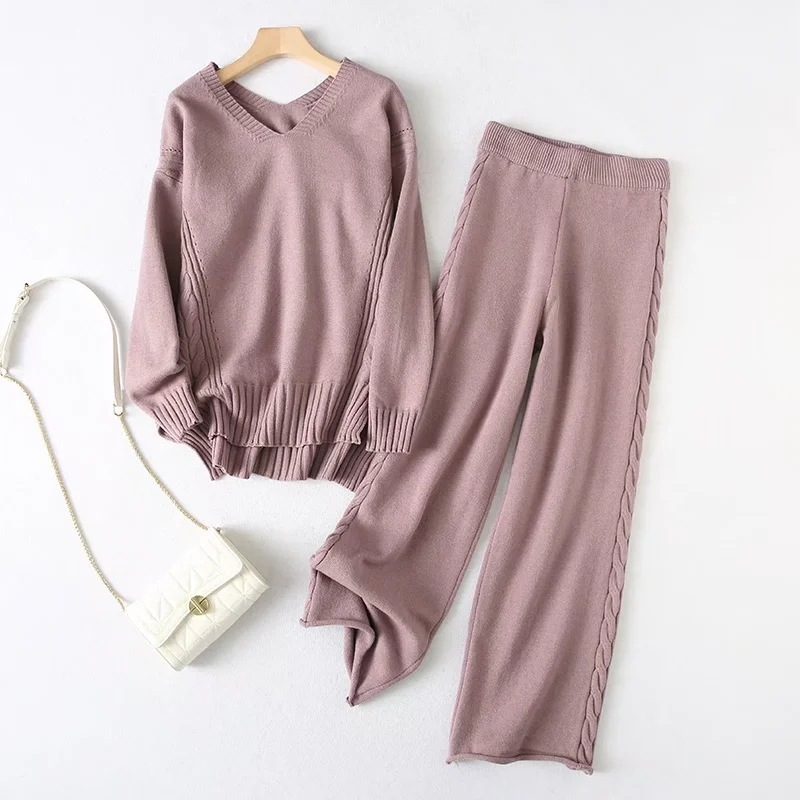 Dva komada pleteni set: gornji dio s dugim rukavima i širokim hlačama, poliester-spandeks pletivo, proljeće 2024, za žene