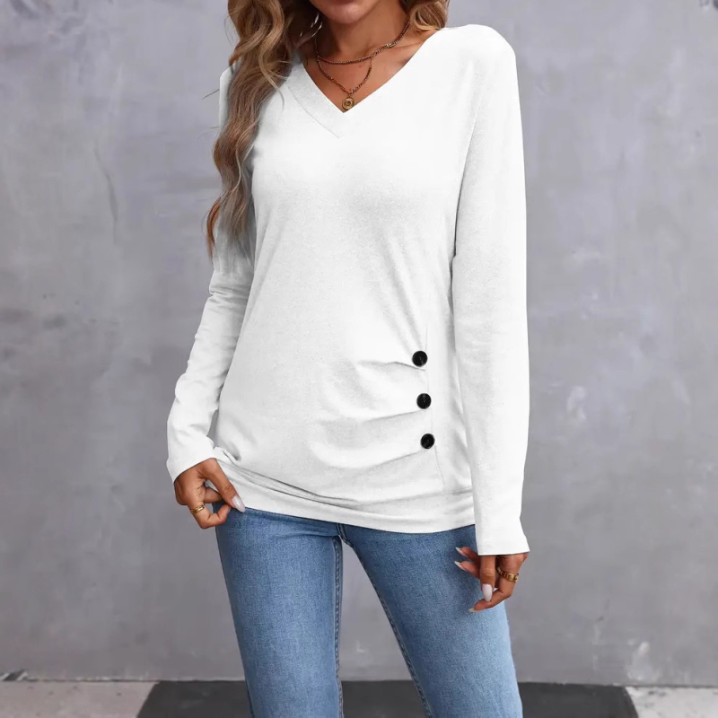 Top tricotat pentru femei cu decolteu în V, nasturi, mâneci lungi, material poliester-spandex