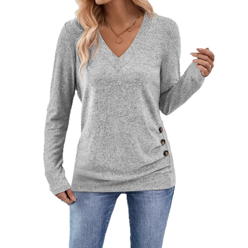 Top tricotat pentru femei cu decolteu în V, nasturi, mâneci lungi, material poliester-spandex