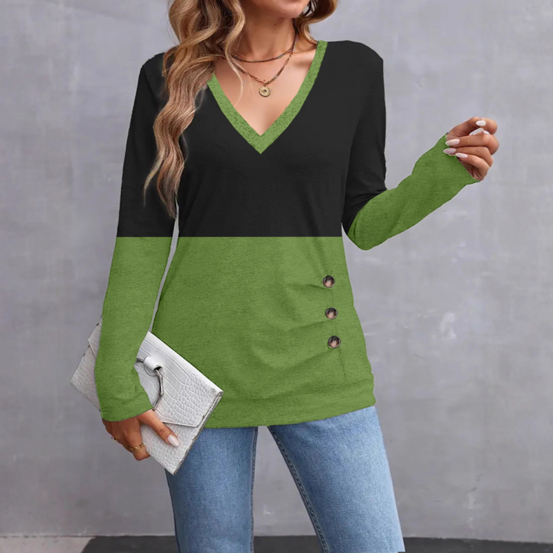 Top tricotat pentru femei cu decolteu în V, nasturi, mâneci lungi, material poliester-spandex