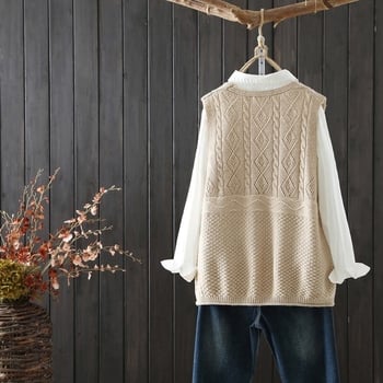 Moterų megzta liemenė su V kaklu — be rankovių, vienos spalvos raštas, akrilo core-spun siūlai, ruduo 2023