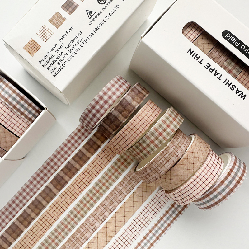 Retro stiliaus 8 ritinėlių washi juostų rinkinys su languotu raštu ir mažuoju gėlių motyvu – ilgis 3 m, pagrindinė medžiaga: popierius, pritaikomas, neimportuotas, tinka kaip švenčių dovana
