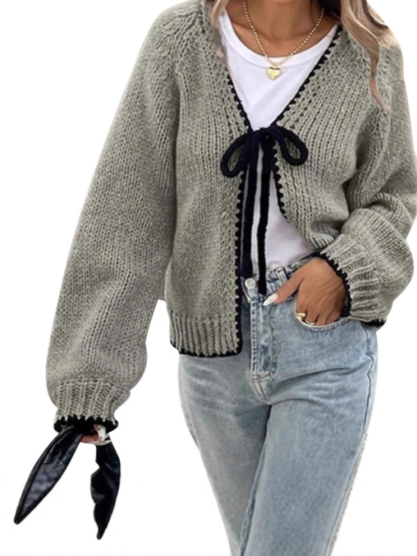 Pleteni kardigan s vezicama sprijeda, V-izrez, dugi rukavi, mješavina poliestera i najlona