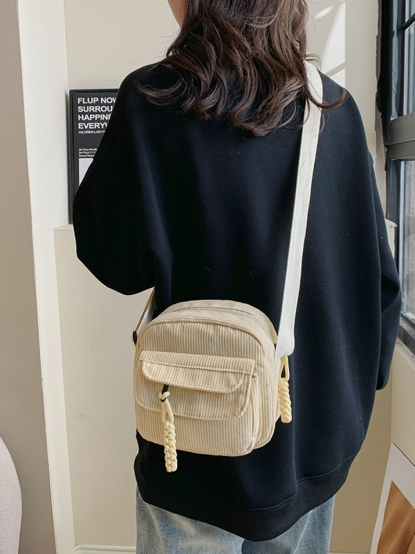 Corduroy oldaltáska keresztpánttal, utcai stílus, cipzáras zárás, poliészter bélés, 2024 tavasz