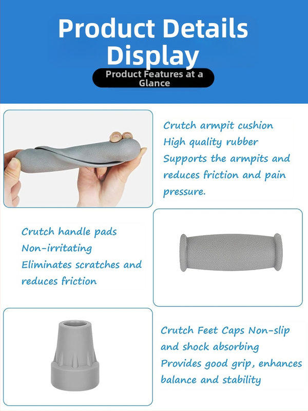 Аксесоари за патерици, 3-частен комплект: подмишнична подложка, покритие за крак и противохлъзгаща подложка