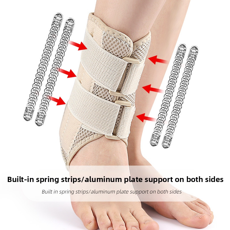 Глезен протектор за спорт с велкро лента и еластичен калъф за стъпало — подходящ за бадминтон; материали: полиестер, пяна, алуминиева пластина, пружинна лента