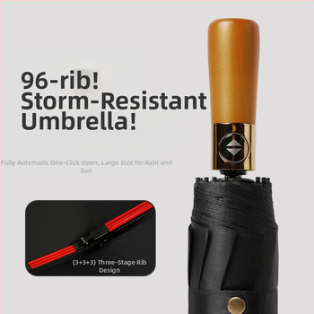 Umbrelă automată cu mâner din lemn, 12 spițe, rezistentă la vânt, protecție UV UPF 40+, imprimare logo disponibil