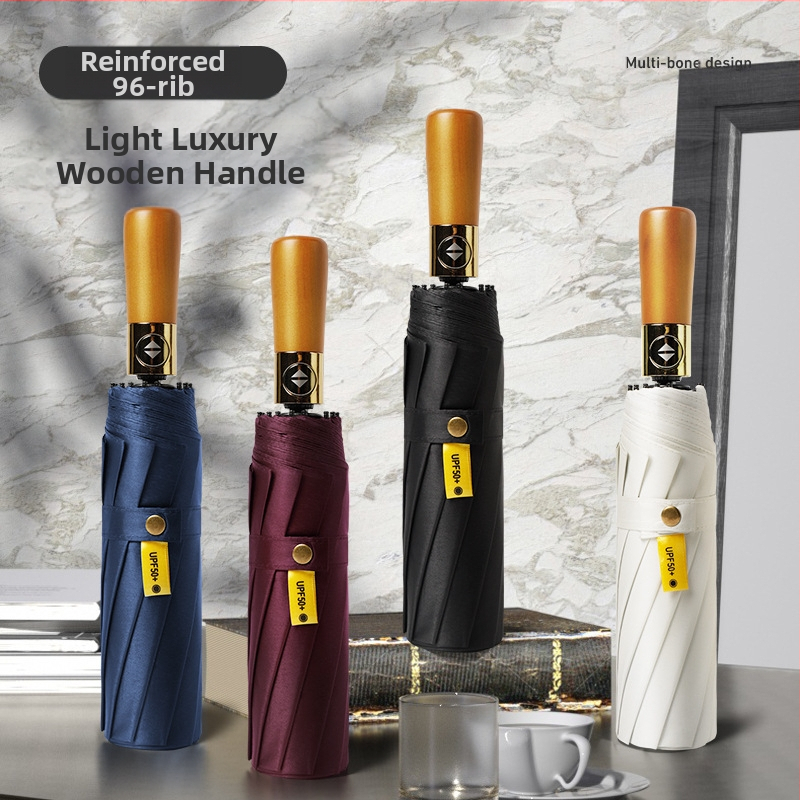 Automatinis skėtis su medine rankena, 12 strypų, vėjo atsparus, UV apsauga UPF 40+, logotipo įspausdinimas