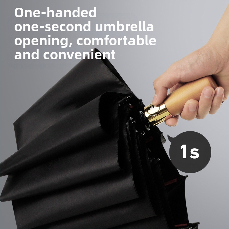 Автоматичен чадър с дървена дръжка, 12 ламели, ветроустойчив дизайн, UV защита UPF 40+, възможност за печат на лого