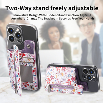 Θήκη καρτών με φερμουάρ και μαγνητικό κούμπωμα, φλοράλ μοτίβο, PU υλικό, προστασία από κλοπή, επένδυση από νάιλον