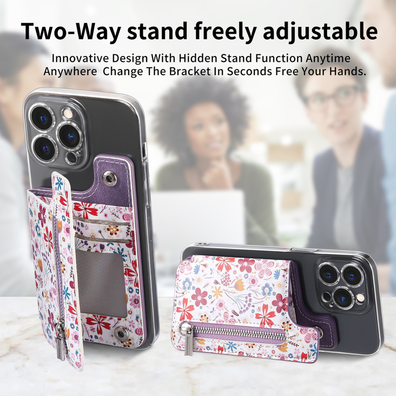 Θήκη καρτών με φερμουάρ και μαγνητικό κούμπωμα, φλοράλ μοτίβο, PU υλικό, προστασία από κλοπή, επένδυση από νάιλον