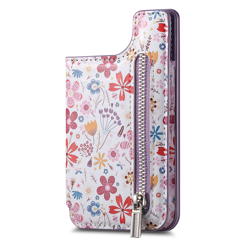 Θήκη καρτών με φερμουάρ και μαγνητικό κούμπωμα, φλοράλ μοτίβο, PU υλικό, προστασία από κλοπή, επένδυση από νάιλον
