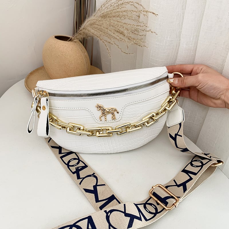 Moteriška crossbody rankinė su krokodilo raštu, PU medžiaga, grandininis peties diržas, saddle bag forma, vidinė užsegama kišenė