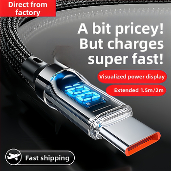 Type-C кабел за бързо зареждане с дигитален дисплей, 60W, плетен