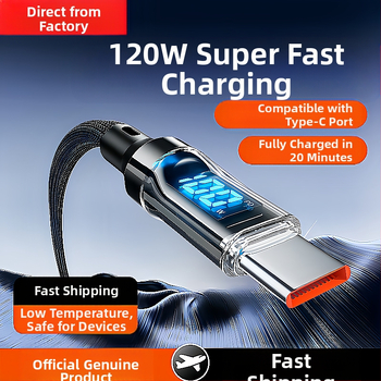 Type-C кабел за бързо зареждане с дигитален дисплей, 60W, плетен