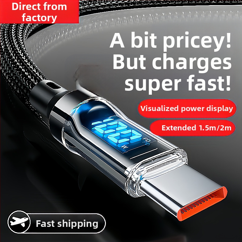 Kábel Type-C s digitálnym displejom pre rýchle nabíjanie 60W, pletený