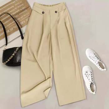 Дамски панталони с висока талия и свободен силует, права кройка, полиестер/спандекс, лято 2024