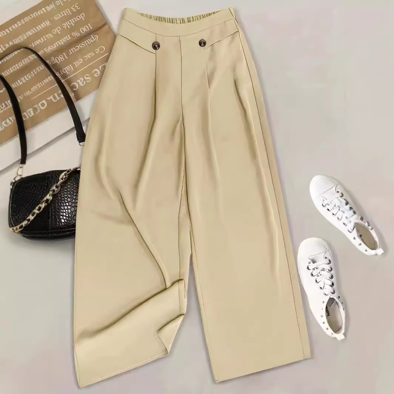 Дамски панталони с висока талия и свободен силует, права кройка, полиестер/спандекс, лято 2024