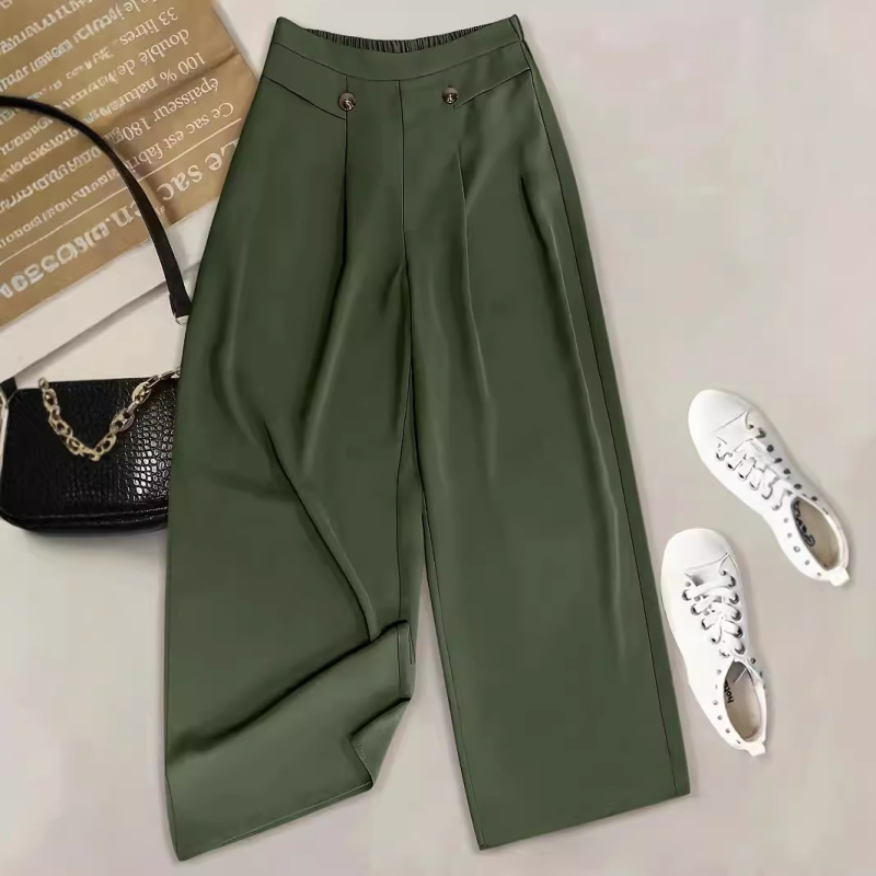 Дамски панталони с висока талия и свободен силует, права кройка, полиестер/спандекс, лято 2024