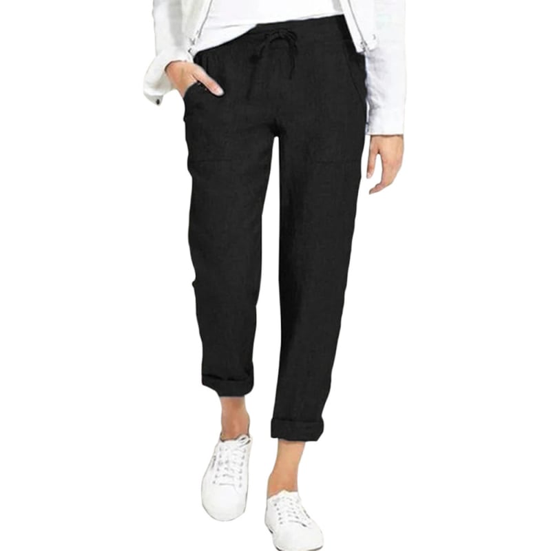 Ženske svakodnevne hlače visokog struka, širokog kroja, pamuk-lan tkanina (50-70% pamuk, 30-50% poliester) Jesen 2024