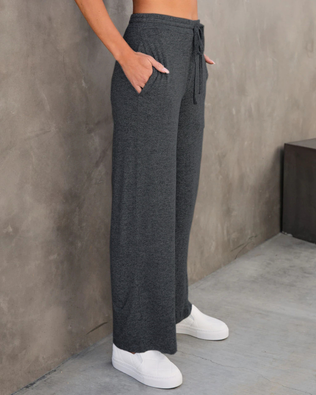 Ženske hlače visokog struka s vezicom, široke nogavice, poliester s elastanom