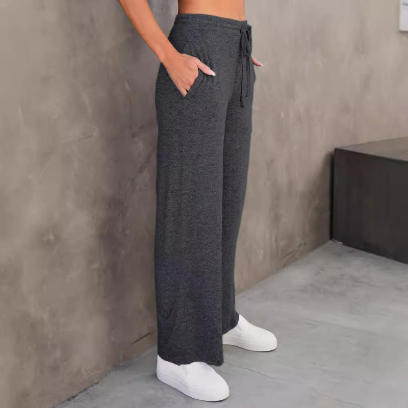 Ženske hlače visokog struka s vezicom, široke nogavice, poliester s elastanom