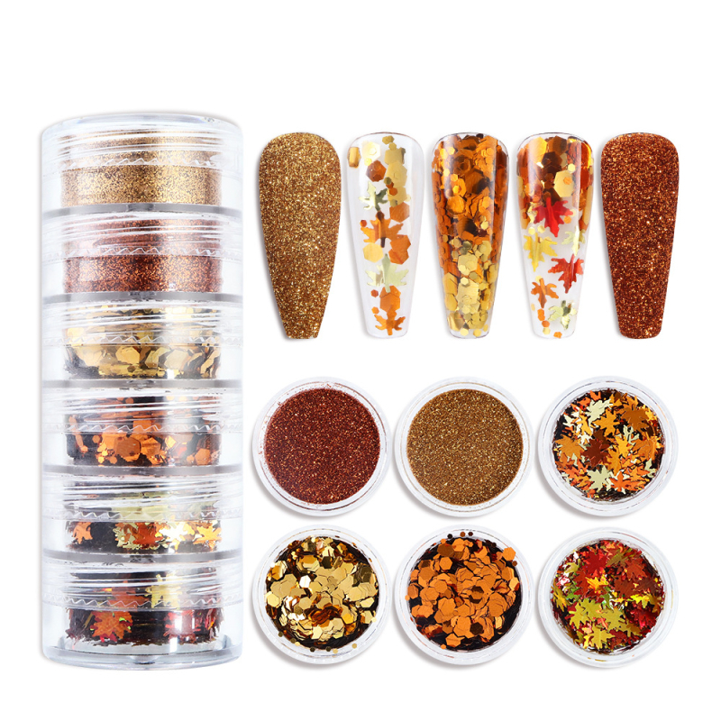 Set šljokica za nokte u bočici: lišće javor, šesterokutne šljokice, model 67969, serija Siamese bottled sequins, materijal: šljokice i PET