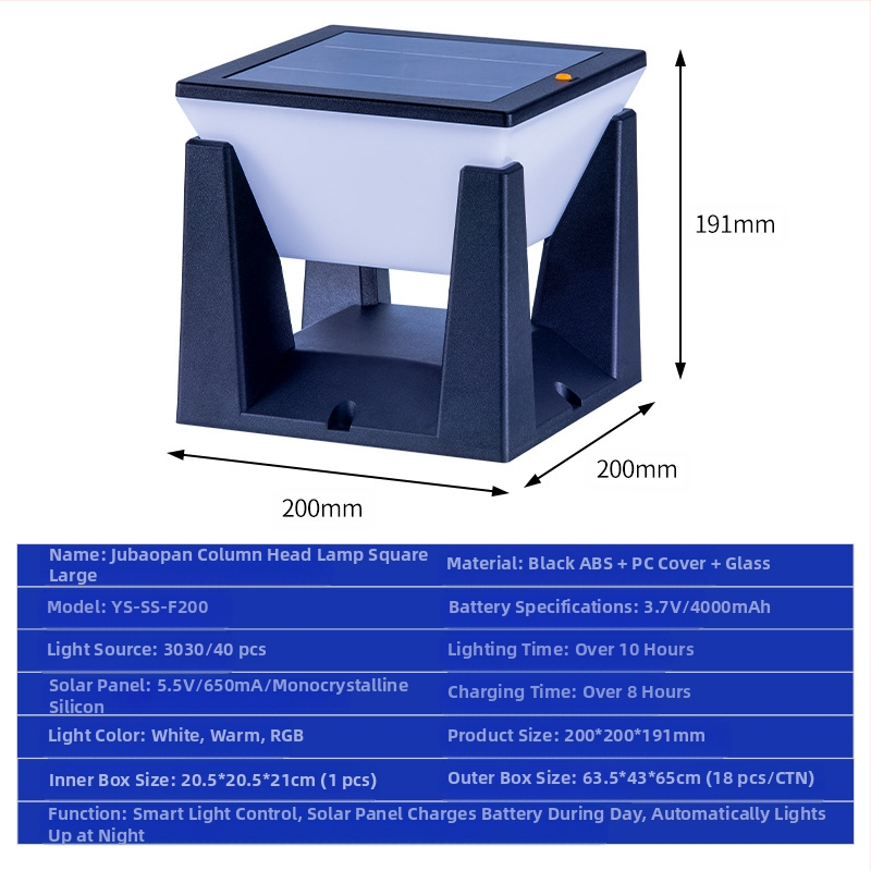 Соларна външна лампа за градина и двор, IP65 защита, LED светлинен източник, мощност 1W, напрежение 3.7V, време на осветяване 6–12 ч