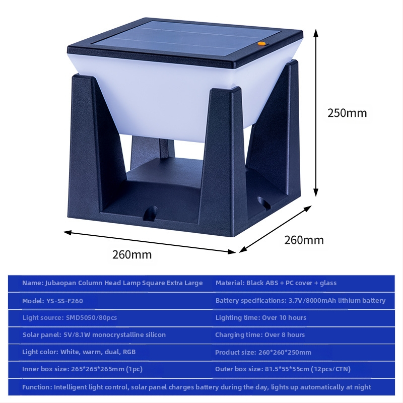 Соларна външна лампа за градина и двор, IP65 защита, LED светлинен източник, мощност 1W, напрежение 3.7V, време на осветяване 6–12 ч
