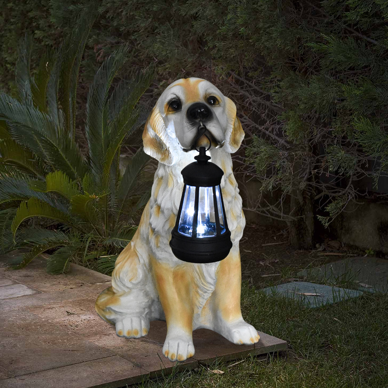 Kerti műgyanta kutyus dísz, napelemes világítással