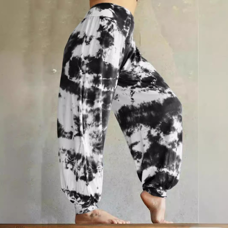 Дамски скинни дънки - тай дай принт, висока талия, микроеластична полиестер-еластанова смес, дължина девет точки