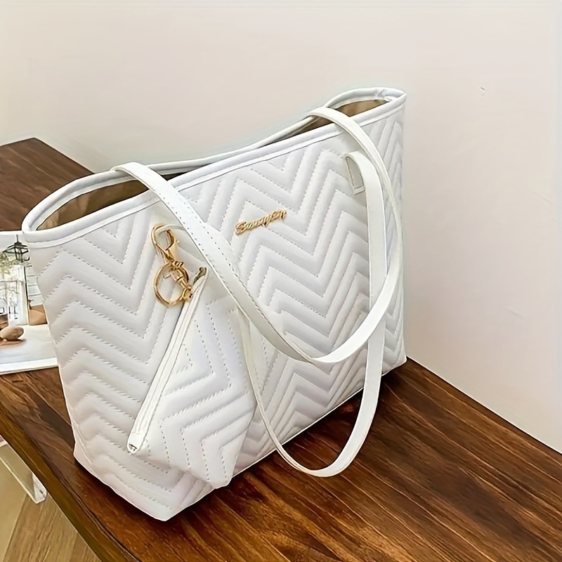 Ženska PU tote torba s vezom u uzorku valovito-dijamantne prepletene (magnetno zatvaranje, poliester podstava, oblik košare, dvostruke naramenice, Ljeto 2024)