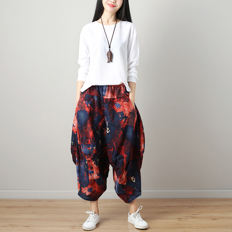 Панталони харем за жени, стил етно, памук-лен, висока талия, cropped дължина, еластична талия, пролет 2025
