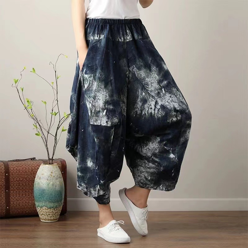 Панталони харем за жени, стил етно, памук-лен, висока талия, cropped дължина, еластична талия, пролет 2025