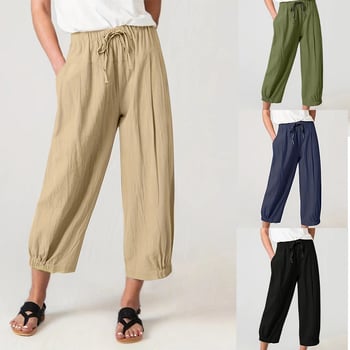 Γυναικεία casual παντελόνια από βαμβάκι-λίνου, χαλαρή φαρδιά γραμμή, μεσαία μέση, καλοκαιρινά παντελόνια, 80–90% βαμβάκι